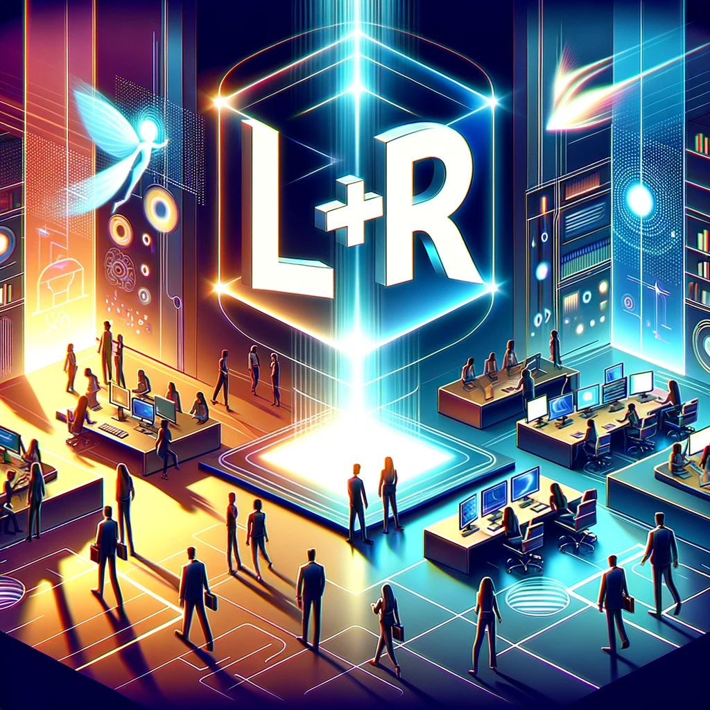 DALL E 2023 10 27 16 10 22 Illustration in a hyper stylized art style showcasing a futuristic LR office The prominent LR logo gleams from the center of the room acting as a