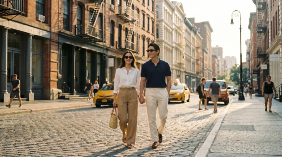 Two people walking down a cobblestone city street