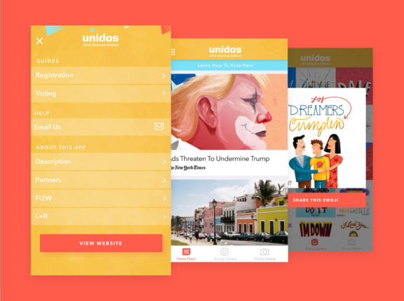 Unidos app screen mockups on a coral background