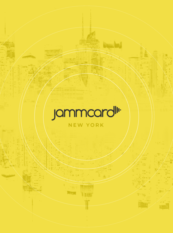 Jammcard New York logo on yellow city skyline graphic with concentric circles