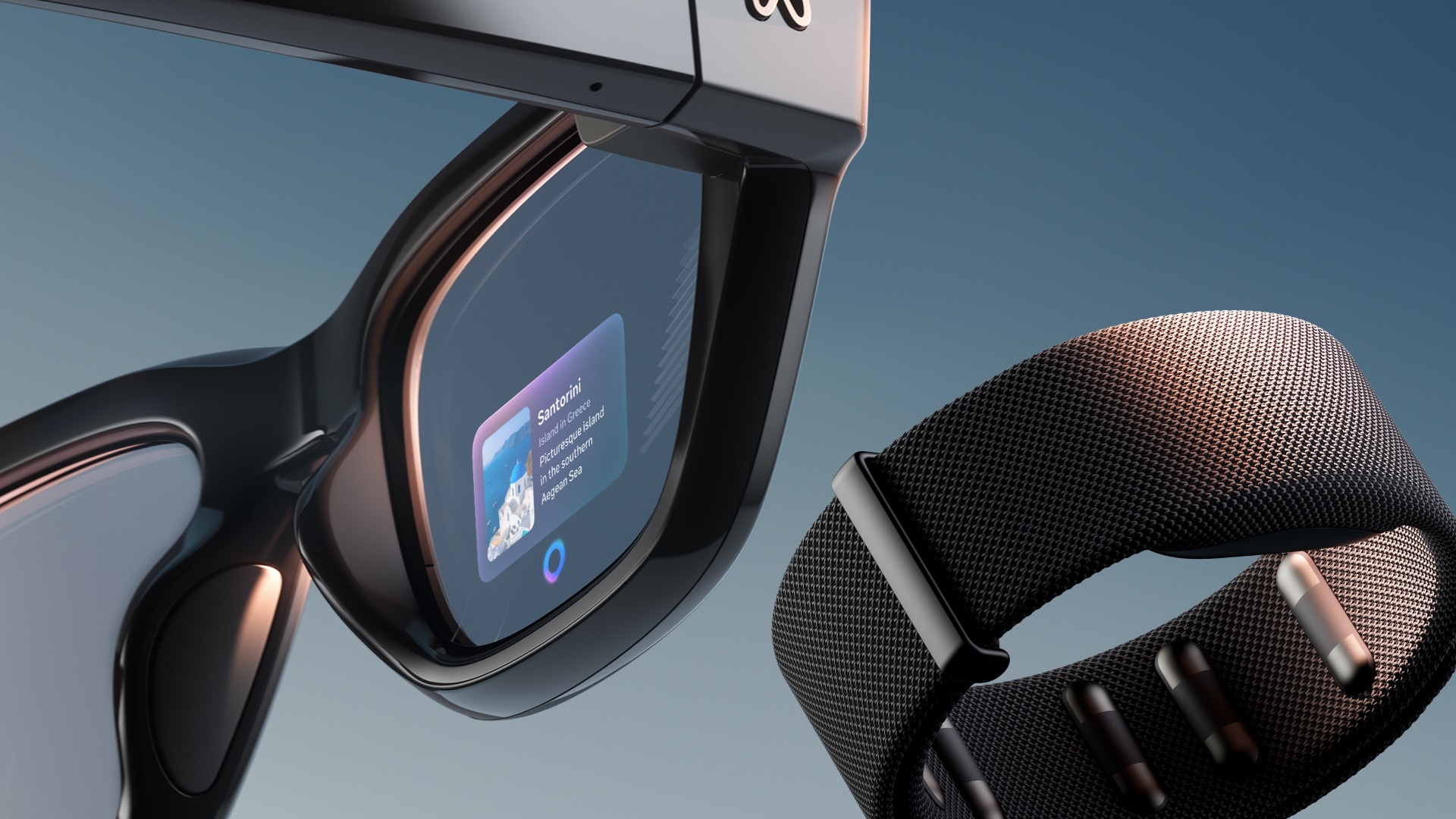 Meta Ray-Ban Display glasses shown beside the Meta Neural Band wristband